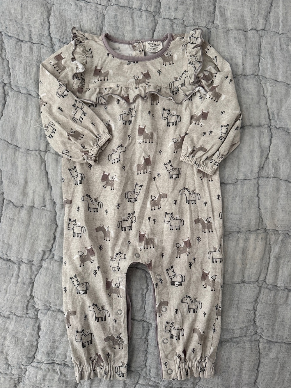 Viverano Organics Baby Grey Horse Print Ruffle One-Piece Bodysuit